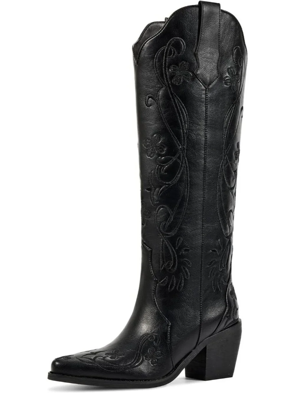 Women's Black Floral Knee High Cowgirl Boots Embroidered Pointed Toe Chunky Heel